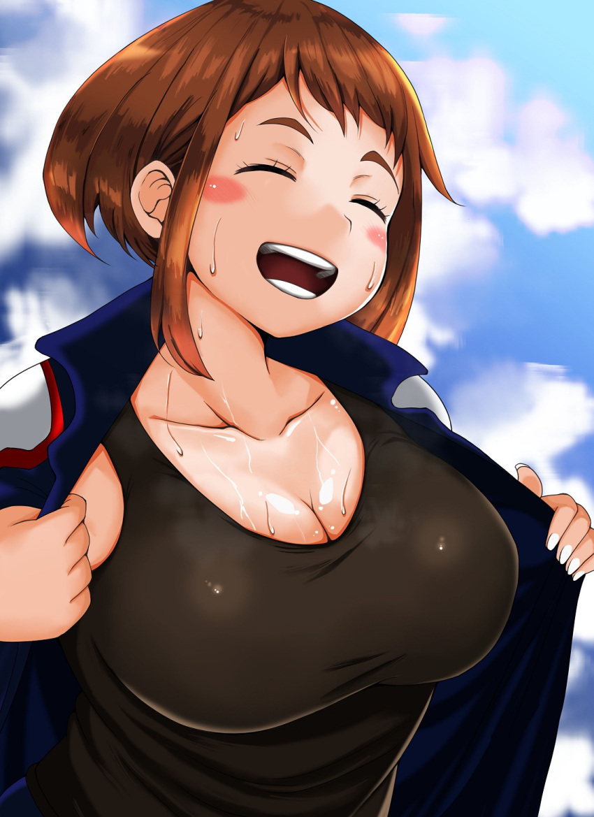 1girl adahcm blue_sky blush blush_stickers boku_no_hero_academia breasts brown_eyes brown_hair cleavage closed_eyes clouds cloudy_sky collarbone day happy highres jacket large_breasts open_clothes open_mouth short_hair sky smile solo sweat tank_top teeth track_jacket upper_body uraraka_ochako