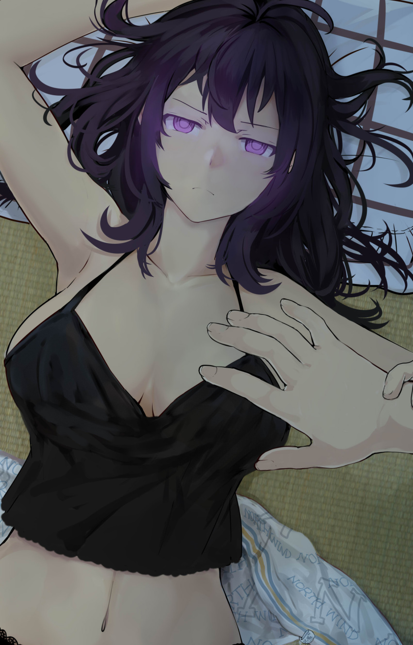 1girl absurdres arm_up beifeng_han black_panties breasts camisole closed_mouth crop_top from_above frown glaring glowing glowing_eyes half-closed_eyes halterneck highres large_breasts looking_at_viewer lying midriff miyaura_sanshio navel on_back original panties revision solo_focus tatami underwear violet_eyes wrist_grab