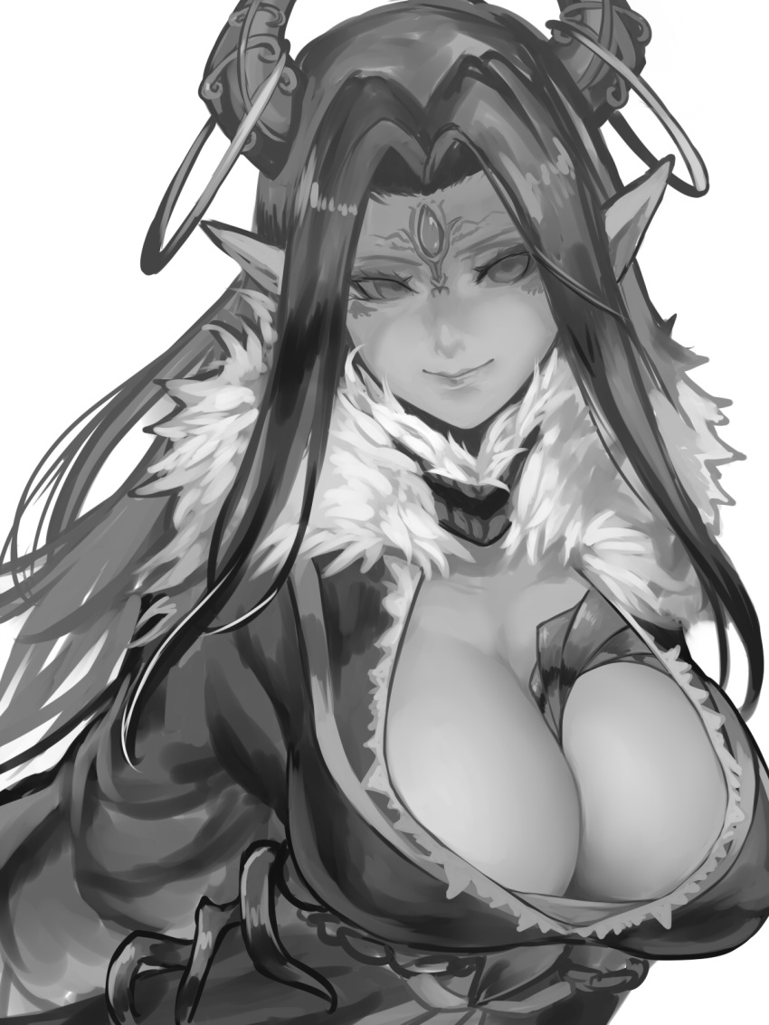 1girl between_breasts breasts closed_mouth eyelashes forehead_jewel fur_trim greyscale highres horn_ring horns jewelry kumiko_shiba large_breasts long_hair looking_at_viewer monochrome pointy_ears simple_background sketch smile solo thunderbolt_fantasy upper_body white_background work_in_progress xing_hai