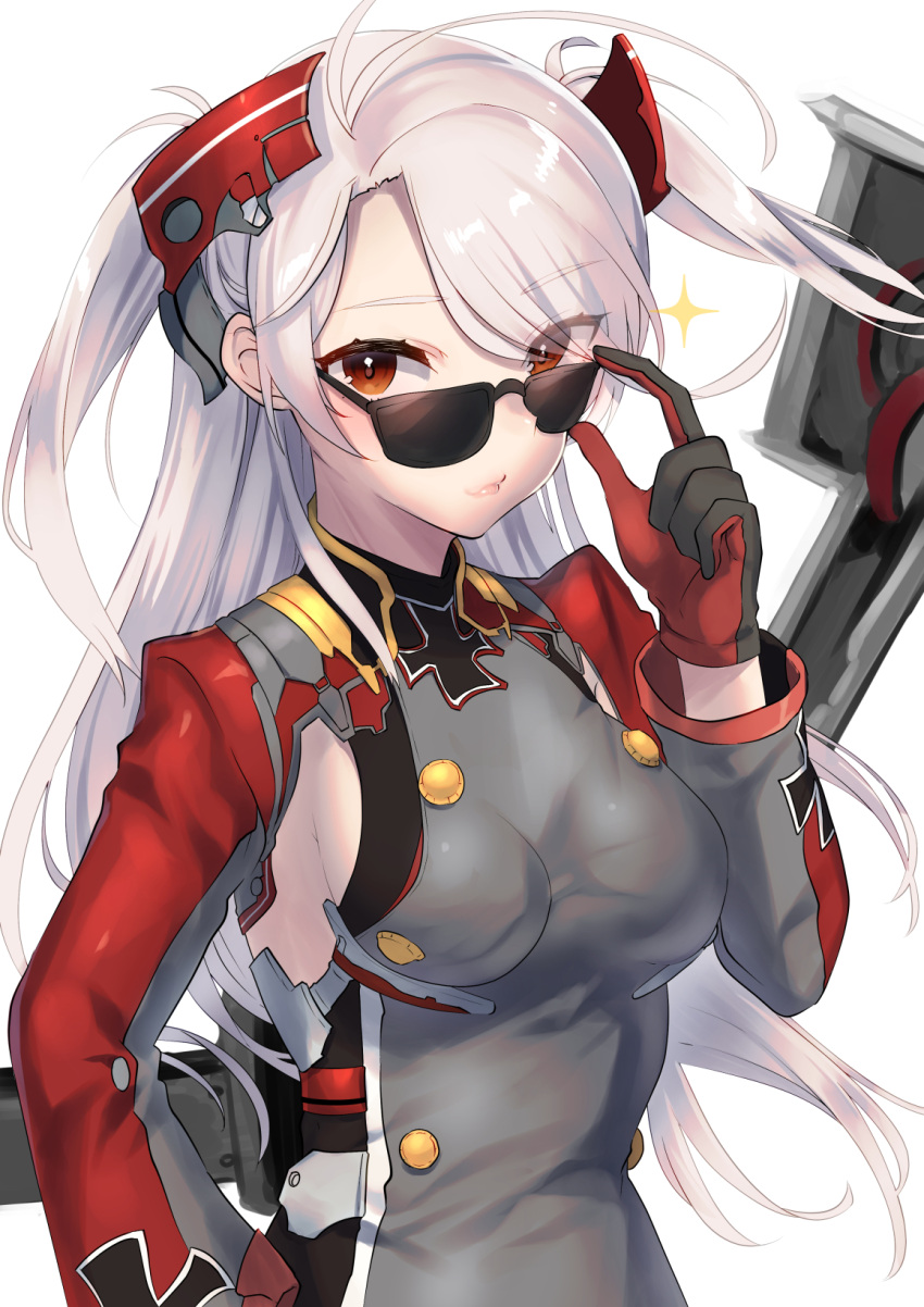 1girl adjusting_eyewear antenna_hair armpit_cutout azur_lane bangs black-framed_eyewear breasts closed_mouth commentary_request eyebrows_visible_through_hair eyes_visible_through_hair gloves hair_over_one_eye hand_on_hip headgear highres iron_cross lips long_hair long_sleeves medium_breasts mizuki_eiru_(akagi_kurage) prinz_eugen_(bilan_hangxian) red_eyes red_gloves sideboob silver_hair simple_background smile solo sparkle straight_hair sunglasses swept_bangs two_side_up underbust upper_body white_background