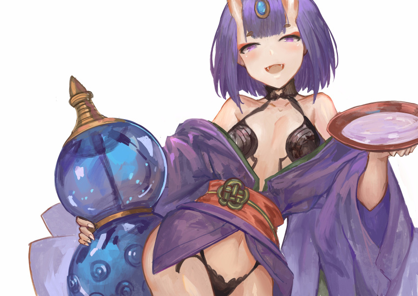 1girl :d absurdres akizone alcohol bangs bare_shoulders bob_cut bottle breasts choker commentary contrapposto cowboy_shot cup eyelashes fangs fate/grand_order fate_(series) fingernails gem hair_ornament highres holding holding_bottle holding_cup horns japanese_clothes kimono looking_at_viewer navel obi off_shoulder oni oni_horns open_mouth purple_hair revealing_clothes sakazuki sake sash short_hair shuten_douji_(fate/grand_order) simple_background sketch small_breasts smile solo violet_eyes white_background wide_sleeves