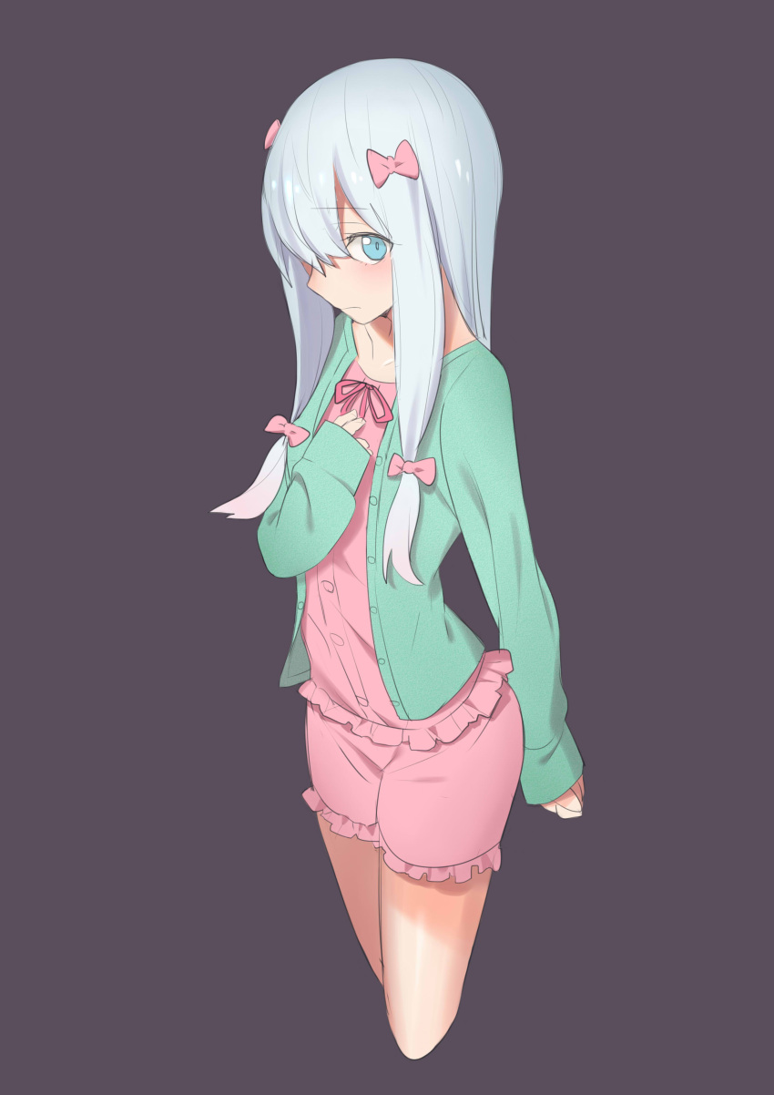 1girl absurdres blue_eyes bow collarbone cropped_legs dress_shirt eromanga_sensei eyebrows_visible_through_hair frilled_shorts frills grey_background hair_bow hair_over_one_eye highres izumi_sagiri long_hair looking_at_viewer neck_ribbon pink_bow pink_ribbon pink_shirt pink_shorts ribbon shirt short_shorts shorts silver_hair simple_background solo