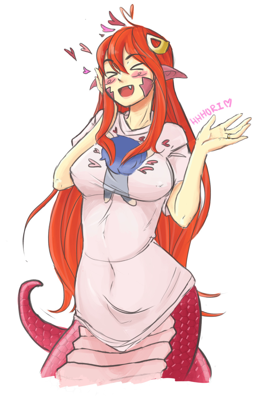 &gt;_&lt; 1girl :d absurdres ahoge animal_ears blush_stickers breasts commentary cowboy_shot eyebrows_visible_through_hair facial_mark fang hair_between_eyes hair_ornament heart hhhori highres jewelry lamia large_breasts long_hair miia_(monster_musume) monster_girl monster_musume_no_iru_nichijou open_mouth pajamas pink_pajamas redhead ring short_sleeves signature simple_background smile snake_tail solo standing wedding_band white_background