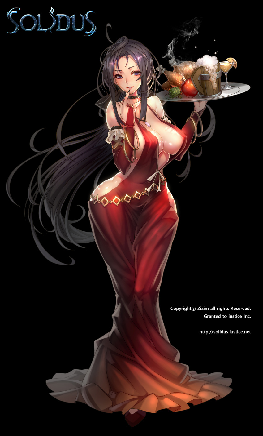 1girl absurdres ahoge bare_shoulders beer_mug black_eyes black_hair black_nails breasts bridal_gauntlets collar dress food froth full_body highres holding holding_tray large_breasts long_hair looking_at_viewer mole mole_under_eye nail_polish official_art open-back_dress parted_lips red_dress smile solidus solo standing tray very_long_hair zizim