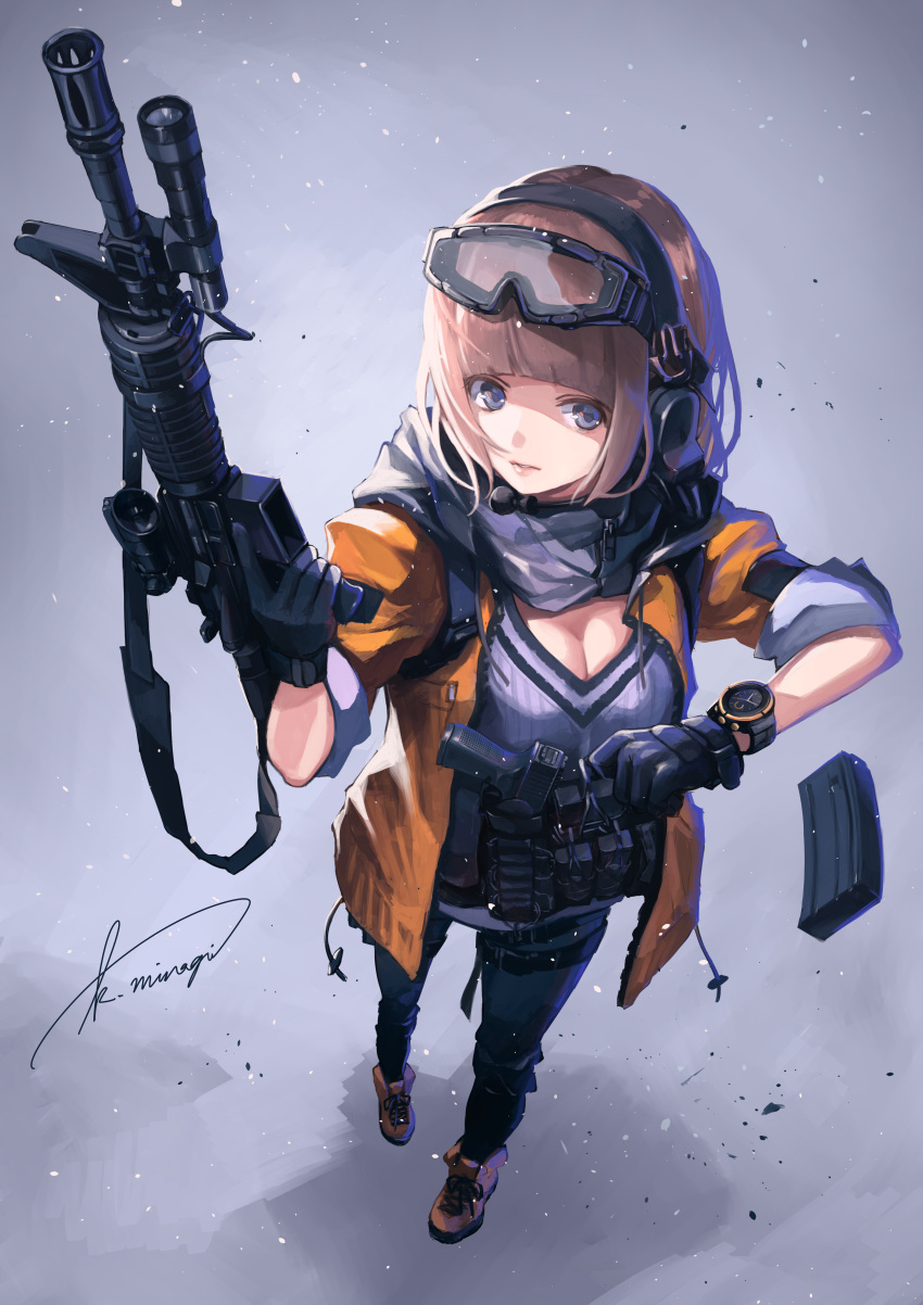 1girl absurdres assault_rifle blue_eyes breasts brown_hair cleavage foreshortening from_above gloves goggles goggles_on_head gun handgun headset highres koh_(minagi_kou) m4_carbine magazine_(weapon) original rifle scarf solo standing watch watch weapon