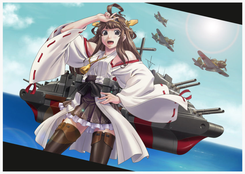 1girl :d absurdres ahoge aircraft airplane bangs bare_shoulders black_footwear black_legwear boots border brown_eyes brown_hair cannon clouds contrapposto day detached_sleeves eyebrows_visible_through_hair fingernails hand_on_hip hand_up headgear highres kantai_collection kongou_(kantai_collection) lens_flare long_hair looking_at_viewer moto7927 nail_polish nontraditional_miko open_mouth outdoors pink_nails revision skirt smile solo sun thigh-highs thigh_boots turret w zettai_ryouiki