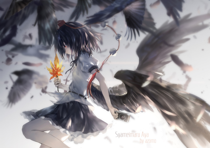 1girl artist_name avamone bird bird_wings black_hair blurry blurry_background camera character_name crow depth_of_field feathers flying from_side hat highres leaf looking_down low_wings maple_leaf profile puffy_short_sleeves puffy_sleeves red_eyes shameimaru_aya shirt short_hair short_sleeves solo tokin_hat touhou white_shirt wings