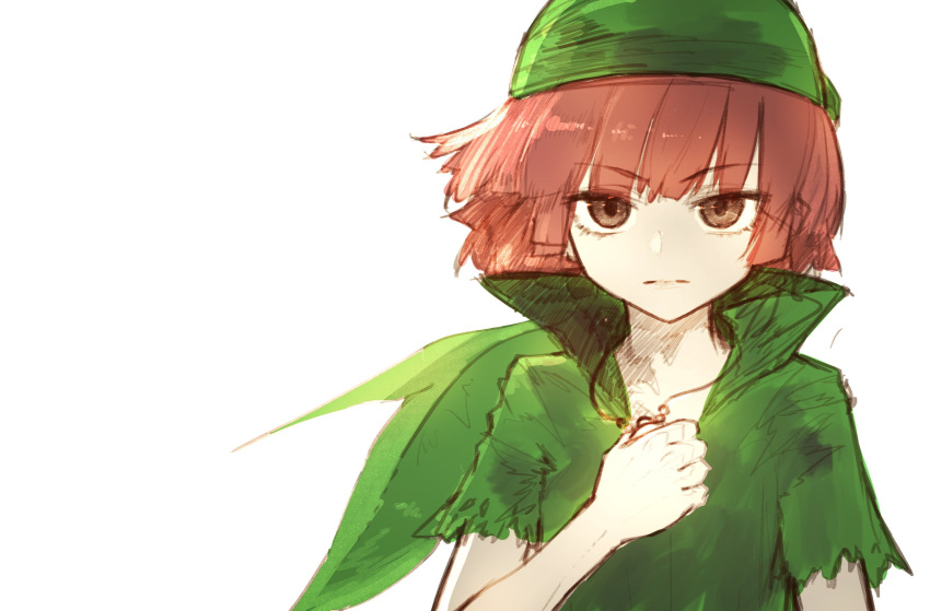 1boy auburn_hair brown_eyes character_request eyebrows_visible_through_hair green_hat green_shirt hat highres holding_necklace leaf looking_at_viewer pale_skin redhead riuichi shirt short_sleeves simple_background sketch solo upper_body white_background