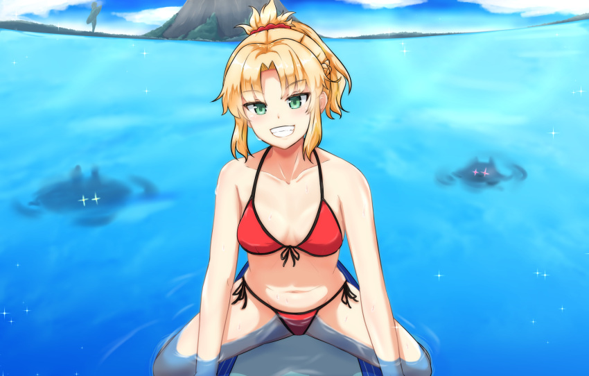 1girl :d ajia_(otya3039) bikini blonde_hair braid breasts cleavage eyebrows_visible_through_hair fate/grand_order fate_(series) french_braid front-tie_top green_eyes groin island medium_breasts mordred_(swimsuit_rider)_(fate) navel open_mouth partially_submerged ponytail red_scrunchie saber_of_red side-tie_bikini smile solo surfboard sweat swimsuit wet