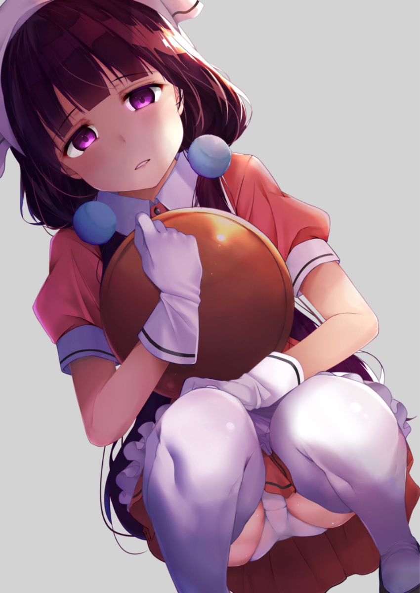 1girl apron ass bangs blend_s brown_hair eyebrows_visible_through_hair gloves grey_background hair_ornament half-closed_eyes head_scarf highres holding holding_tray long_hair looking_at_viewer looking_down low_twintails panties pantyshot pantyshot_(squatting) parted_lips puffy_short_sleeves puffy_sleeves rouka_(akatyann) sakuranomiya_maika shirt shoes short_sleeves simple_background skirt solo squatting thigh-highs tray twintails underwear violet_eyes waitress white_apron white_gloves white_legwear white_panties wing_collar