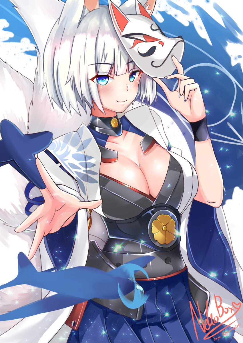 1girl absurdres animal_ears azur_lane bangs blue_eyes blunt_bangs blush breasts cleavage closed_mouth cowboy_shot foreshortening fox_ears fox_mask fox_tail hakama_skirt highres japanese_clothes kaga_(azur_lane) large_breasts looking_at_viewer mask mask_on_head multiple_tails nekobox shikigami short_hair silver_hair smile solo tail wide_sleeves