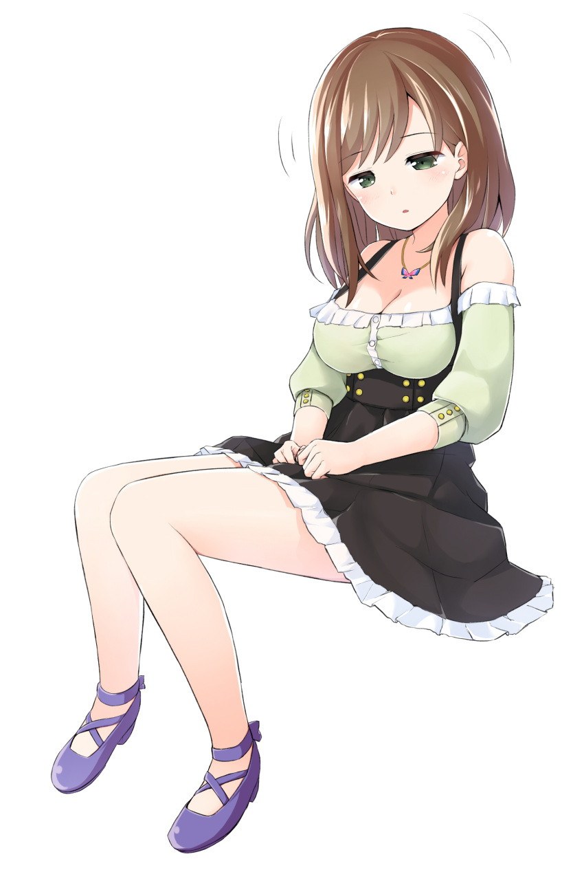 1girl :o absurdres alternative_girls bangs bare_legs bare_shoulders black_skirt blush breasts brown_hair butterfly_necklace character_request cleavage eyebrows_visible_through_hair frilled_shirt frilled_skirt frills full_body green_eyes green_shirt half-closed_eyes hands_on_lap high-waist_skirt highres invisible_chair jewelry long_hair looking_down medium_breasts momotomimi motion_lines necklace no_socks off-shoulder_shirt parted_lips pendant purple_footwear shirt shoes simple_background sitting skirt solo swept_bangs white_background