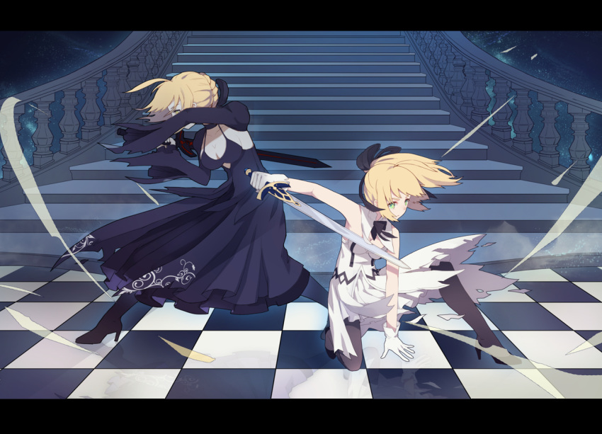 2girls ahoge artoria_pendragon_(all) black_ribbon blonde_hair braid breasts caliburn checkered checkered_floor cleavage dark_excalibur detached_sleeves fate/grand_order fate_(series) french_braid gloves green_eyes high_heels letterboxed medium_breasts multiple_girls ribbon saber saber_alter saber_lily stairs white_gloves xiang_wan_wei_wan yellow_eyes