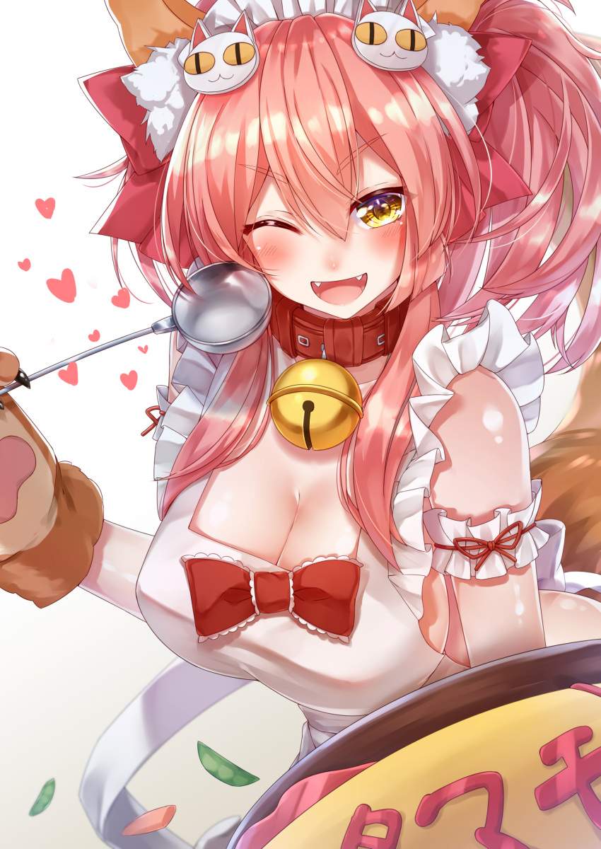 1girl absurdres animal_ears apron arm_garter bell bell_collar blush breasts cleavage collar eyebrows_visible_through_hair fangs fate/grand_order fate_(series) fox_ears fox_tail gloves hair_ribbon heart highres holding ladle large_breasts long_hair looking_at_viewer maid_headdress one_eye_closed open_mouth paw_gloves paws pink_hair red_ribbon ribbon simple_background sll solo tail tamamo_(fate)_(all) tamamo_cat_(fate/grand_order) white_background yellow_eyes
