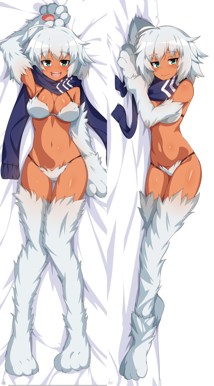 1girl :d absurdres arm_up armpits bangs bed bed_sheet bikini blue_scarf blush closed_mouth dakimakura eyebrows_visible_through_hair full_body fur_bikini gluteal_fold green_eyes highres knees_together_feet_apart looking_at_viewer lying monster_girl monster_girl_encyclopedia multiple_views navel on_back on_side open_mouth paws scarf short_hair silver_hair smile swimsuit thigh_gap tilt-shift yeti_(monster_girl_encyclopedia)