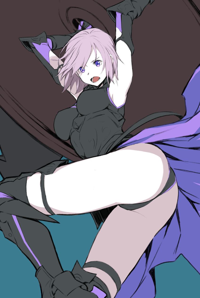 1girl absurdres aqua_background armpits arms_up ass bangs black_gloves black_legwear black_leotard breasts elbow_gloves fate/grand_order fate_(series) gloves highres holding_shield leotard looking_at_viewer medium_breasts open_mouth over-kneehighs purple_hair shield shielder_(fate/grand_order) short_hair simple_background sketch solo teeth thigh-highs thigh_strap thighs utu_(ldnsft) violet_eyes