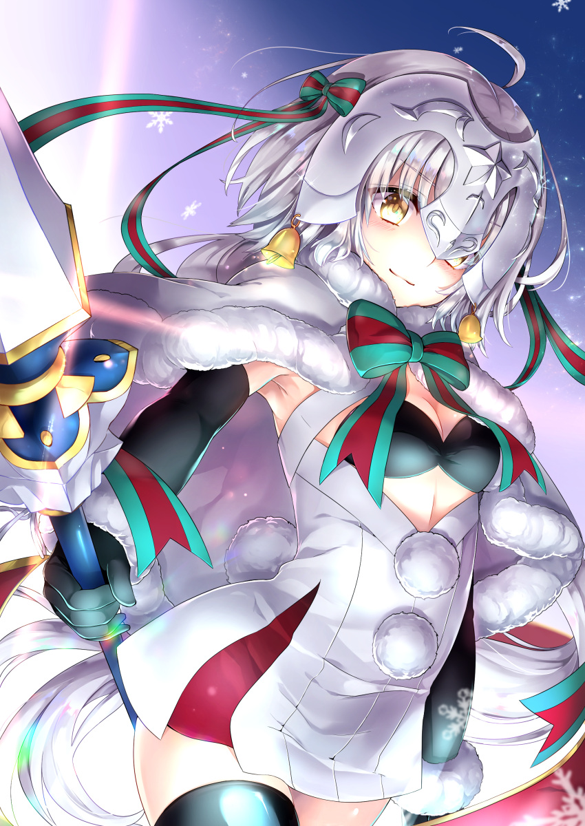 1girl absurdres ahoge black_legwear capelet elbow_gloves fate/grand_order fate_(series) fur_trim gloves hair_ribbon hane_yuki headpiece highres jeanne_alter jeanne_alter_(santa_lily)_(fate) long_hair ribbon ruler_(fate/apocrypha) silver_hair yellow_eyes