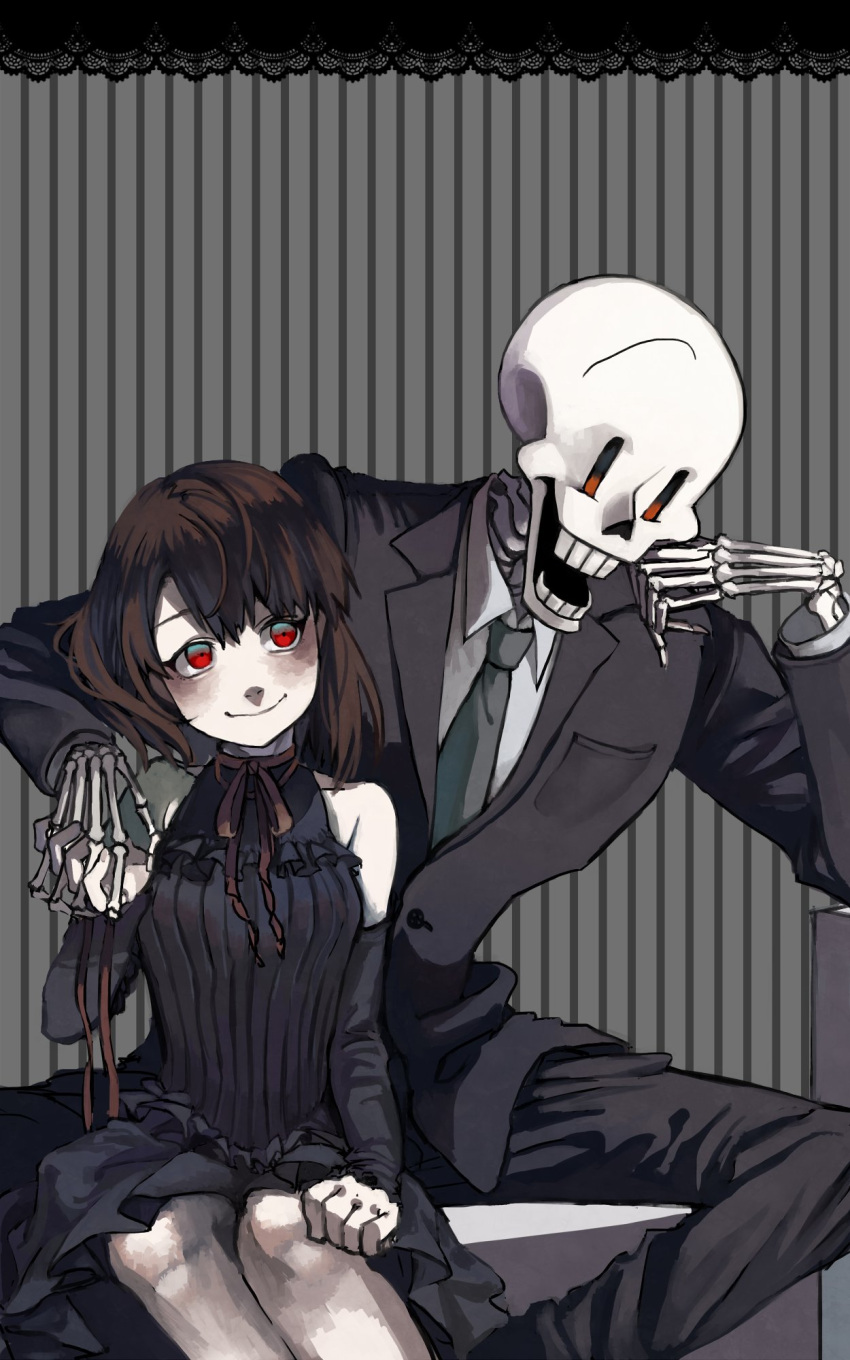 1boy 1girl breasts brown_hair chara_(undertale) dress hand_holding highres papyrus_(undertale) red_eyes short_hair shousan_(hno3syo) undertale