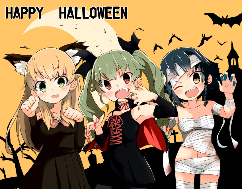 3girls absurdres anchovy animal_ears bandage bangs barashiya bat black_dress black_hair black_legwear black_ribbon bloody_bandages blue_nails bow braid breasts brown_eyes cape carpaccio choker crescent_moon detached_sleeves dress drill_hair eyebrows_visible_through_hair eyes_visible_through_hair fang fingernails girls_und_panzer green_hair hair_ribbon halloween_costume happy_halloween highres lace-up long_fingernails long_hair looking_at_viewer medium_breasts moon mouth_pull multiple_girls mummy_costume nail_polish navel night night_sky one_eye_closed open_mouth orange_background pantyhose paw_pose pepperoni_(girls_und_panzer) pink_bow pleated_dress pose red_choker red_eyes red_nails ribbon ribbon_choker short_dress short_hair side_braid sky sleeveless sleeveless_dress smile spaghetti_strap standing strapless strapless_dress striped striped_legwear thigh_gap twin_drills twintails upper_body vampire_costume wolf_ears