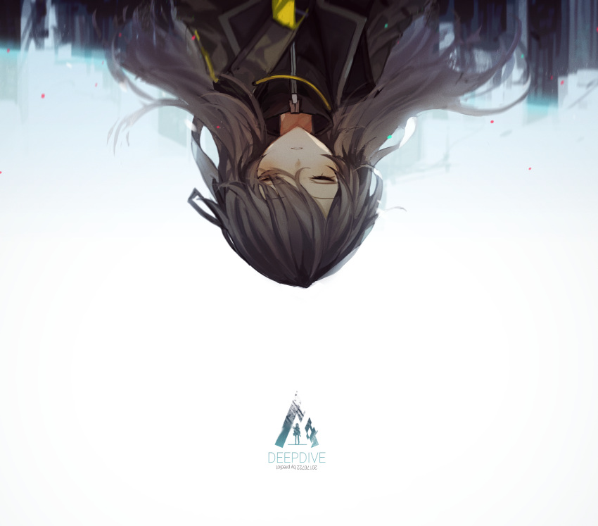1girl artist_name blush character_name cityscape closed_eyes dated eyebrows_visible_through_hair eyes_visible_through_hair girls_frontline grey_hair hair_between_eyes highres jacket long_hair parted_lips petals predict sidelocks solo strap ump40_(girls_frontline) upside-down wind zipper