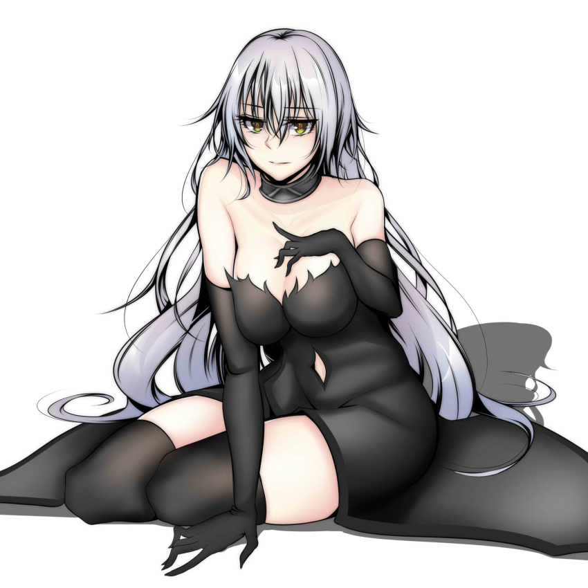 1girl bare_shoulders black_gloves black_legwear breasts cleavage elbow_gloves fate/grand_order fate_(series) gloves highres jeanne_alter long_hair looking_at_viewer navel ruler_(fate/apocrypha) silver_hair sitting sleeveless solo tetsu_(excalibur920) thigh-highs very_long_hair yellow_eyes