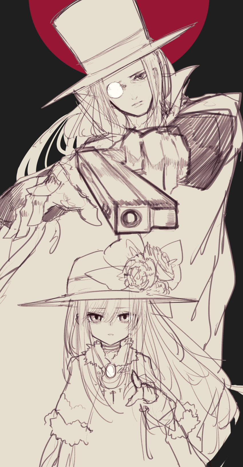 1boy 1girl absurdres aiming_at_viewer character_request flower grey_background gun hat highres holding holding_gun holding_weapon limited_palette long_hair looking_at_viewer monocle riuichi sketch top_hat weapon