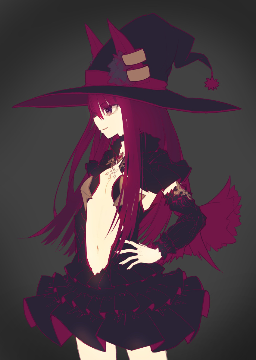 1girl absurdres black_dress breasts cowboy_shot detached_sleeves dress frilled_skirt frills grey_background hand_on_hip hat highres long_hair looking_to_the_side navel original pale_skin purple_hair riuichi skirt small_breasts smile solo witch_hat