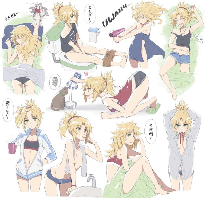 1girl absurdres bare_shoulders blonde_hair breasts brushing_teeth cat cup drying drying_hair fate/apocrypha fate_(series) green_eyes hair_dryer highres jacket jewelry lying milk milk_carton mug naked_towel navel necklace on_stomach open_clothes open_jacket open_shirt saber_of_red shirt shorts slippers speech_bubble spoken_squiggle sports_bra squiggle toilet_paper toilet_use tonee topless towel towel_around_neck waking_up