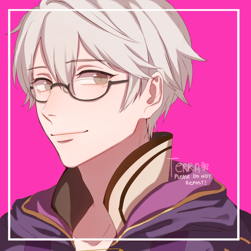 1boy fire_emblem fire_emblem:_kakusei glasses highres hood looking_at_viewer male_focus male_my_unit_(fire_emblem:_kakusei) my_unit_(fire_emblem:_kakusei) short_hair simple_background smile solo white_hair