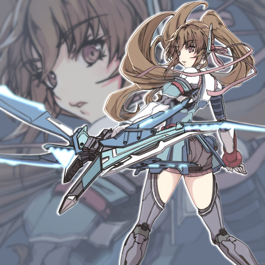 1girl bike_shorts bow_(weapon) brown_eyes brown_hair floating_hair highleg highres holding holding_bow_(weapon) holding_weapon long_hair parted_lips saionji_reimi solo star_ocean star_ocean_the_last_hope thigh-highs weapon zoom_layer