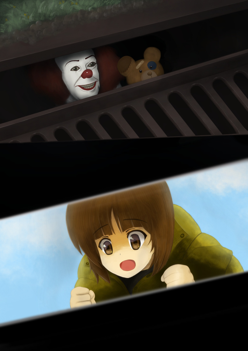 1girl 2koma :d bandaid bangs boko_(girls_und_panzer) brown_eyes brown_hair clouds cloudy_sky clown comic commentary day eyebrows_visible_through_hair girls_und_panzer highres it_(stephen_king) makeup mt_totemo_tuyoi nishizumi_miho open_mouth pennywise redhead short_hair sky smile storm_drain stuffed_animal stuffed_toy teddy_bear yellow_coat