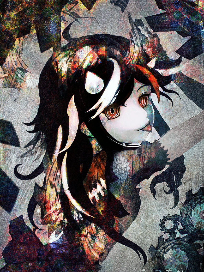 1girl abstract ahoge black_hair directional_arrow from_behind gears grey_background highres horns kijin_seija konguu long_hair looking_at_viewer multicolored_hair pale_skin red_eyes redhead ringed_eyes short_sleeves solo streaked_hair tongue tongue_out touhou upper_body white_hair