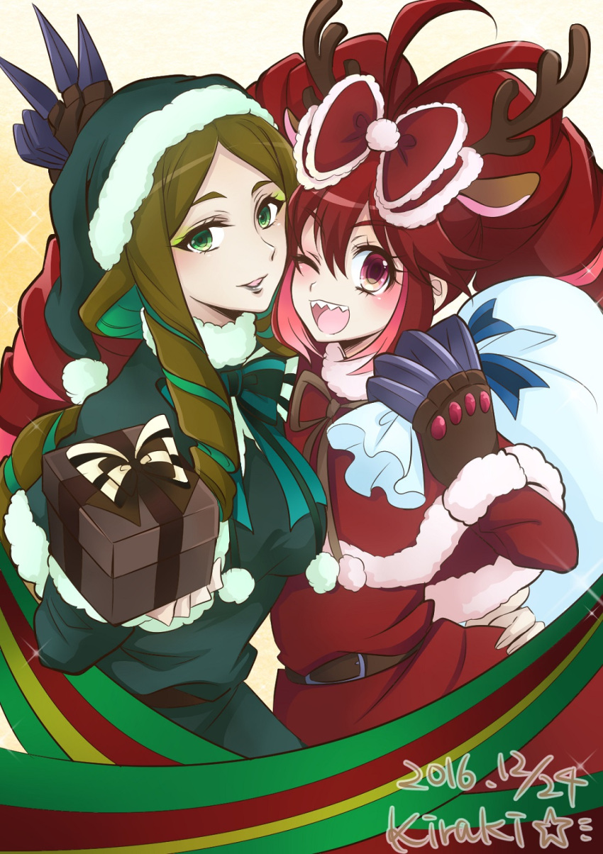 2girls antenna_hair antlers arm_around_waist artist_name belt black_lipstick bow brown_hair claws dated drill_hair eyeshadow fur_trim gift green_eyes green_hair hair_bow hat highres kiraki lipstick long_hair makeup micha_jawkan multicolored_hair multiple_girls over_shoulder phara_suyuf pink_hair red_eyes redhead reindeer_antlers sack santa_hat senki_zesshou_symphogear sharp_teeth teeth twin_drills two-tone_hair v very_long_hair