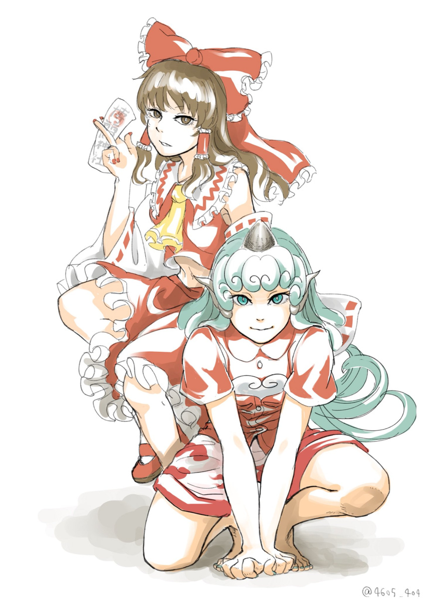 2girls animal_ears ascot bangs bare_legs bow buttons closed_mouth commentary_request curly_hair detached_sleeves green_eyes green_hair green_nails hair_bow hair_tubes hakurei_reimu heart highres horn komano_aun long_hair looking_at_viewer multiple_girls nail_polish ofuda one_knee red_bow red_nails red_shirt red_skirt ribbon-trimmed_sleeves ribbon_trim shiratama_(irodoli) shirt short_sleeves shorts sidelocks skirt skirt_set smile squatting toenail_polish touhou twitter_username very_long_hair vest white_shorts