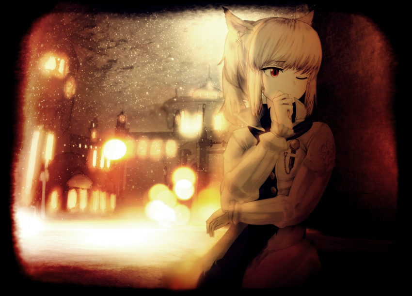 1girl animal_ears bloom blurry cat_ears depth_of_field final_fantasy final_fantasy_xiv glowing hand_to_own_mouth jacket lights limited_palette long_hair looking_to_the_side miqo'te one_eye_closed ponytail red_eyes snow snowing solo town vignetting wall white_hair yoshioka_yoshiko