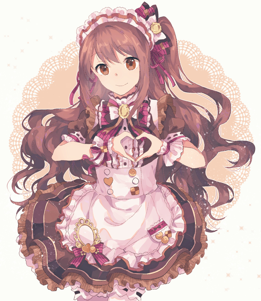 1girl alternate_costume blush brown_eyes brown_hair closed_mouth commentary_request enmaided frills hair_ornament heart heart_hands highres idolmaster idolmaster_cinderella_girls idolmaster_cinderella_girls_starlight_stage long_hair looking_at_viewer maid one_side_up puffy_sleeves shimamura_uzuki smile solo wrist_cuffs