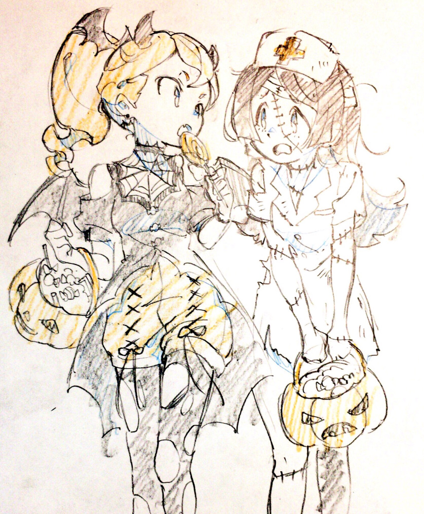 2girls barbara_parker candy commentary_request demon_horns demon_wings fake_horns fake_wings food halloween halloween_costume hanna_england hat highres horns jack-o'-lantern little_witch_academia lollipop miyazaki_shiori multiple_girls nurse nurse_cap pantyhose sketch torn_clothes torn_pantyhose wings zombie