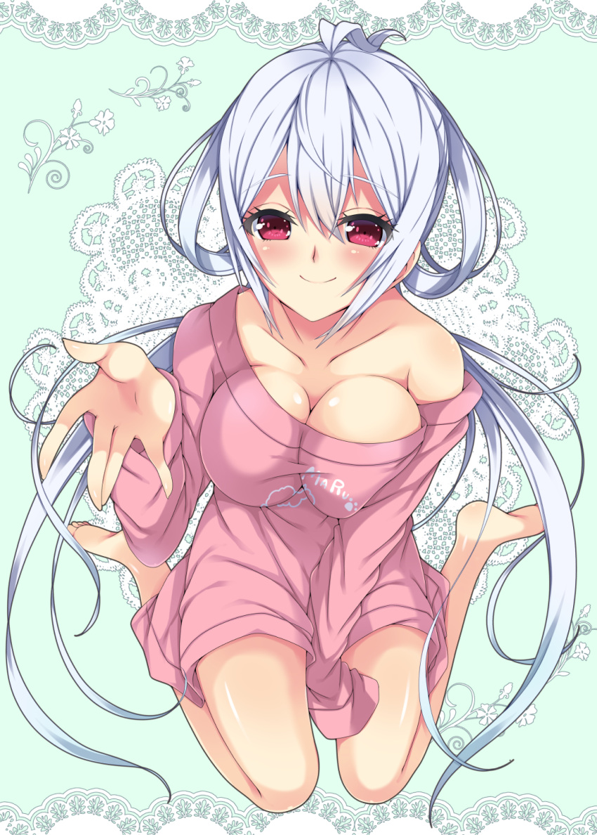 1girl ahoge barefoot blush breasts cleavage collarbone eyebrows_visible_through_hair floating_hair from_above full_body hair_between_eyes highres large_breasts long_hair long_shirt looking_at_viewer looking_up matoi_(pso2) milkpanda naked_shirt phantasy_star phantasy_star_online_2 pink_shirt red_eyes shiny shiny_skin shirt silver_hair sitting smile solo standing very_long_hair