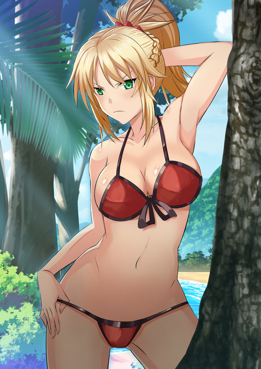 &gt;:( 1girl alternate_breast_size arm_behind_back arm_behind_head armpits blush breasts cleavage contrapposto cowboy_shot fate/apocrypha fate/grand_order fate_(series) front-tie_bikini front-tie_top gluteal_fold green_eyes groin groin_tendon highres hips large_breasts navel saber_of_red short_hair solo tree wide_sleeves
