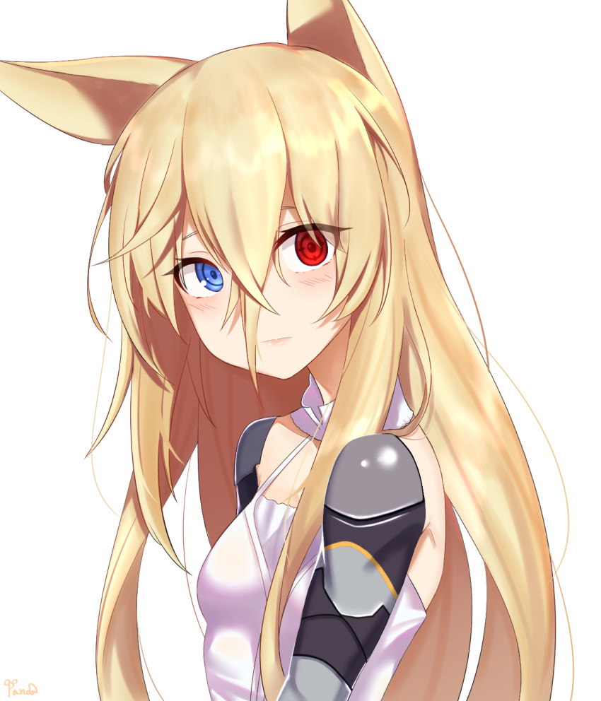 1girl animal_ears armor armpit_peek bangs blonde_hair blush breasts choker closed_mouth dress elbow_gloves expresisonless eyebrows_visible_through_hair eyes_visible_through_hair from_side g41_(girls_frontline) girls_frontline gloves hair_between_eyes heterochromia highres kuki_panda_(wkdwnsgk13) lips lipstick long_hair looking_at_viewer makeup signature simple_background small_breasts solo very_long_hair white_background