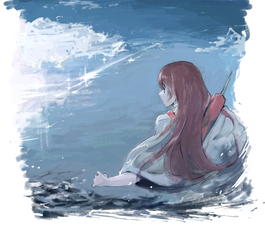 1girl akagi_(kantai_collection) arrow blue_sky brown_eyes brown_hair clouds eyebrows_visible_through_hair from_behind japanese_clothes kantai_collection kimono long_hair long_sleeves looking_to_the_side ocean quiver rureizi sky solo tasuki upper_body water white_kimono wide_sleeves