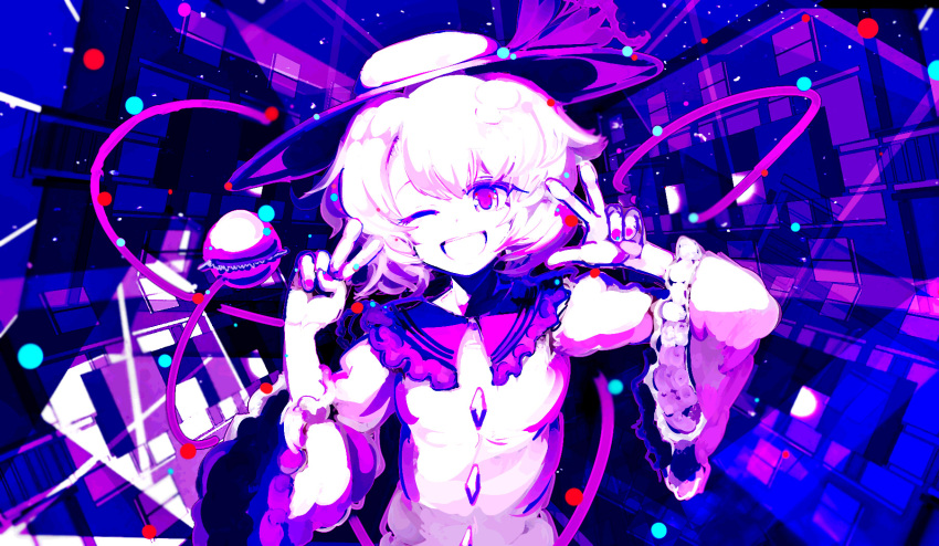 1girl ;d abstract_background apartment balcony blue double_v fingerless_gloves frilled_sleeves frills gloves hat highres komeiji_koishi limited_palette looking_at_viewer nail_polish night one_eye_closed open_mouth smile solo third_eye touhou v yoshioka_yoshiko