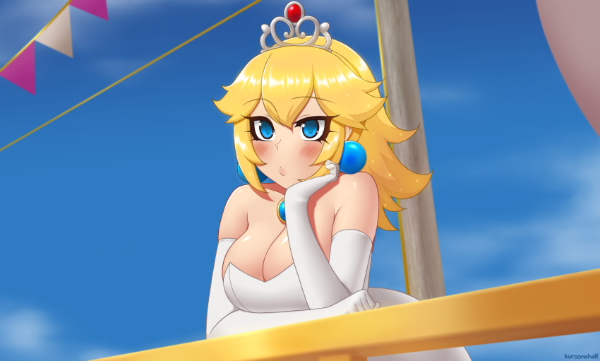 1girl blonde_hair blue_eyes blush dress gloves jewelry kuroonehalf long_hair super_mario_bros. princess_peach sky solo super_mario_bros. super_mario_odyssey wedding_dress