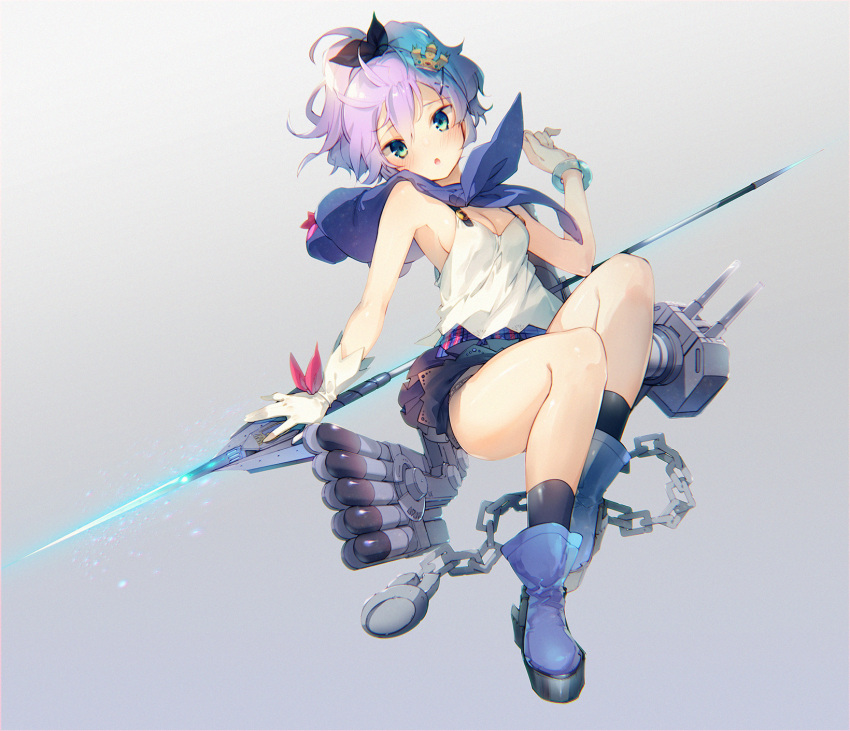 1girl :o azur_lane bangs black_bow black_legwear blue_footwear boots bow breasts cleavage full_body gloves gradient gradient_background green_eyes hair_between_eyes hair_bow hand_up highres javelin_(azur_lane) legs_together looking_at_viewer mizuya_(caxas328) open_mouth ponytail purple_hair rigging small_breasts socks solo tsurime turret white_gloves