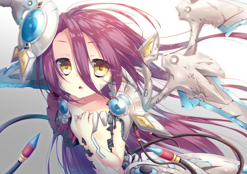 1girl cable chiyonekoko crack eyebrows_visible_through_hair hair_between_eyes jewelry long_hair looking_at_viewer mechanical_parts no_game_no_life parted_lips purple_hair ring shuvi_(no_game_no_life) solo topless very_long_hair yellow_eyes