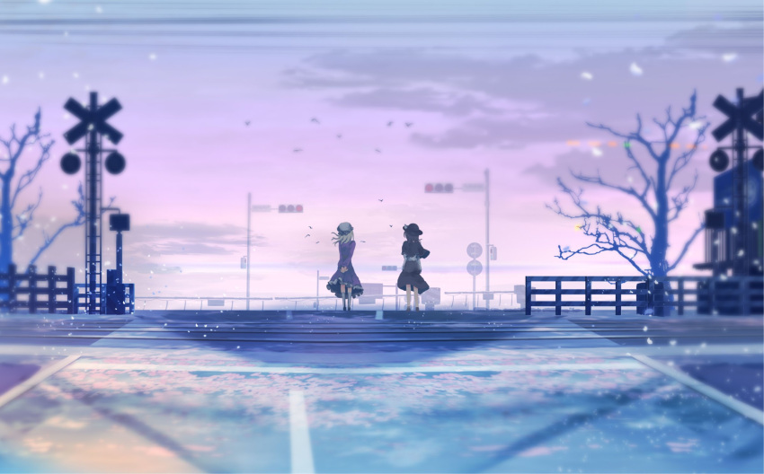 2girls blonde_hair bow brown_hair capelet cherry_blossoms dress fedora hat hat_bow highres maribel_hearn mob_cap multiple_girls railroad_crossing railroad_signal railroad_tracks scenery skirt tokoroten_(hmmuk) touhou tree usami_renko