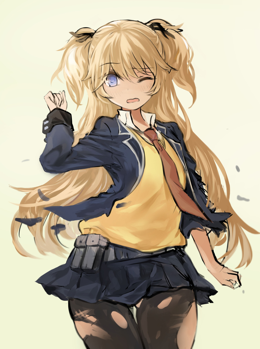 1girl absurdres bangs black_legwear black_ribbon blazer blonde_hair blue_eyes blue_skirt brown_neckwear cowboy_shot d; eyebrows_visible_through_hair girls_frontline grey_background hair_ribbon hand_up highres jacket long_hair looking_at_viewer miniskirt necktie one_eye_closed open_blazer open_clothes open_jacket open_mouth pantyhose pleated_skirt ribbon simple_background skirt snowru solo super_shorty_(girls_frontline) sweater_vest thighs torn_clothes torn_jacket torn_pantyhose two_side_up