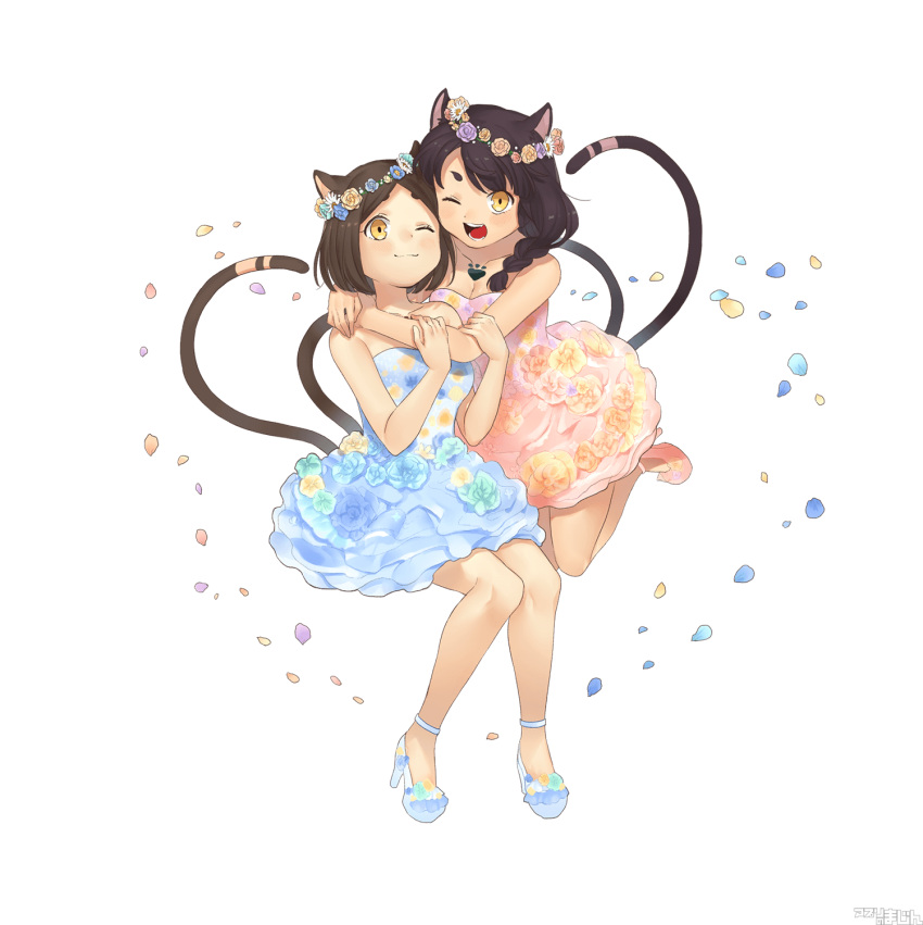 2girls ;3 animal_ears bangs bare_shoulders blue_dress braid breasts brown_hair cat_ears cat_tail chest_tattoo cleavage closed_eyes dress flower flower_wreath hair_flower hair_ornament high_heels highres hug long_hair looking_at_viewer multiple_girls multiple_tails nekomata_(youkai_hyakki-tan!) official_art one_eye_closed open_mouth paw_print pink_dress pumps shoe_flower short_hair side_braid smile strapless strapless_dress swept_bangs tail tattoo thick_eyebrows yellow_eyes youkai_hyakki-tan!