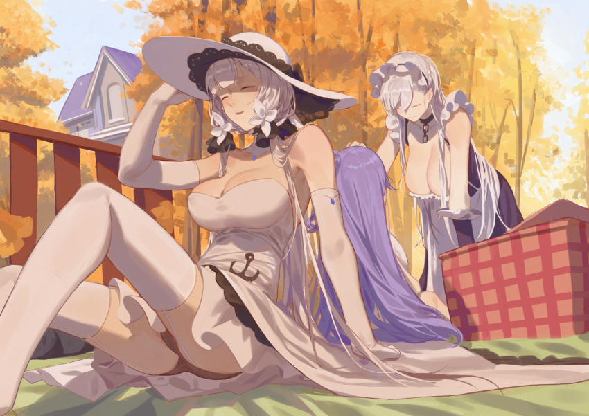 3girls autumn azur_lane bare_shoulders belfast_(azur_lane) breasts cleavage closed_eyes commentary_request dress elbow_gloves gloves hat highres house illustrious_(azur_lane) large_breasts maid_headdress multiple_girls outdoors panties petting picnic_basket purple_hair red_cucumber sitting sketch smile thigh-highs underwear unicorn_(azur_lane) white_hair white_legwear