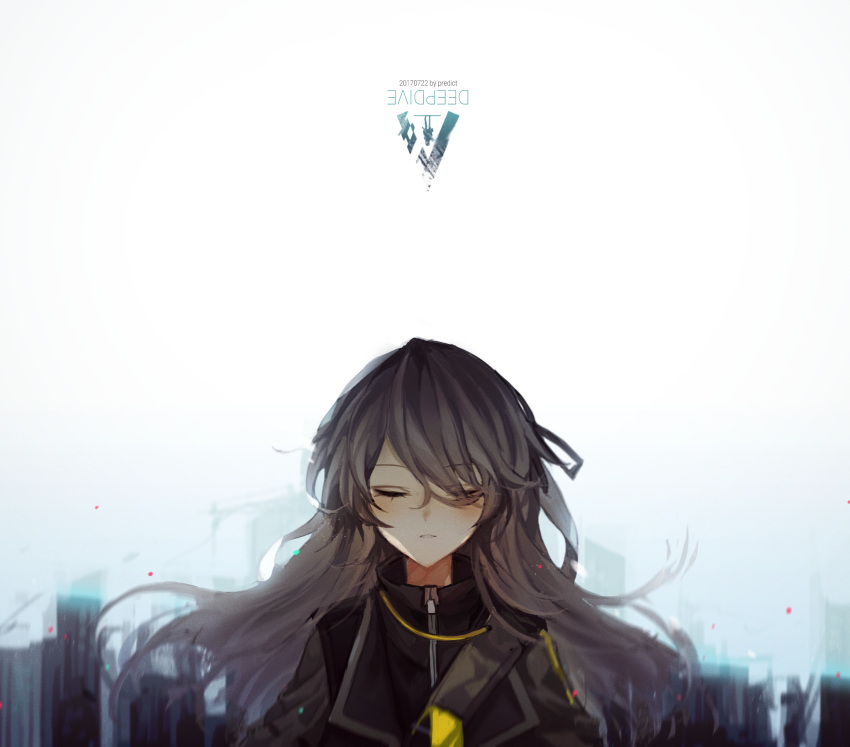 1girl artist_name blush character_name cityscape closed_eyes dated eyebrows_visible_through_hair eyes_visible_through_hair girls_frontline grey_hair hair_between_eyes highres jacket long_hair parted_lips petals predict sidelocks solo strap ump40_(girls_frontline) wind zipper